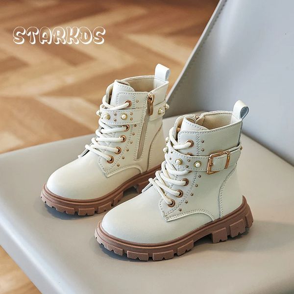 Botas chiques rebite studs plana meninas moda pérola fivela botas crianças marca design grosso sola tornozelo altura motocicleta botines 231215