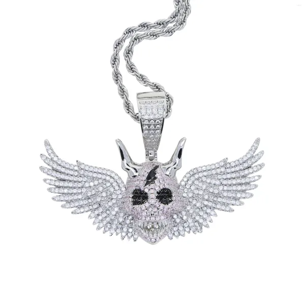 Collane con ciondolo Collana con teschio ad ala ghiacciata Collana con teschio in oro placcato argento CZ Cubic Zirconia Fascino punk Uomo Donna Gioielli Hip Hop