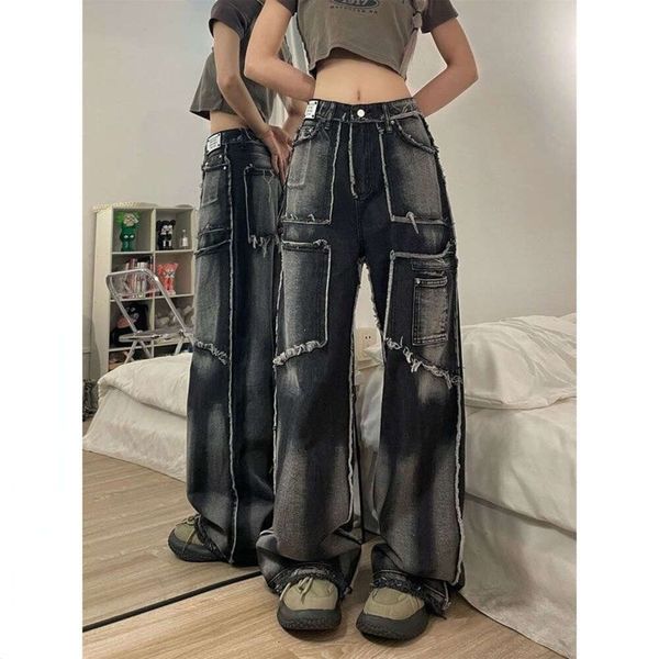 Americano novo retro alta tie-tingido multi-bolso jeans decorativos y2k rua solta reta calças casuais para homem e mulher