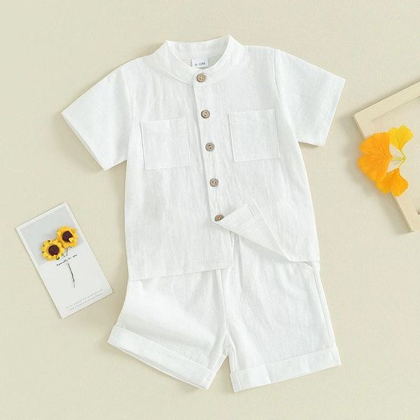 Комплекты одежды для маленьких мальчиков, летняя хлопково-льняная одежда, рубашки с короткими рукавами и пуговицами с боковыми разрезами, однотонная одежда из 2 предметов для малышей
