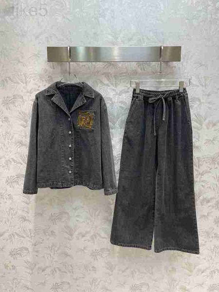Damen Zweiteilige Hosen Designer Luxusmarke Grau Denim Frauen Langarm Revers Einreiher Taschenjacke Anzug Hohe Taille Trainingsanzug SB59