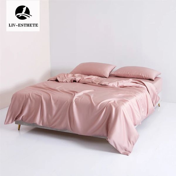 Conjuntos de cama Liv-Esthete Luxo Rosa 100% Silk Bedding Set Quilt Duvet Cover Set Queen King Fronha Dupla Cama Linho Silk Vida para você 231215