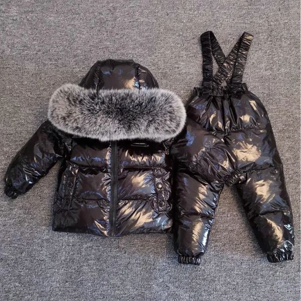 Пуховик, зимний более толстый детский пуховик, комбинезон, детский лыжный костюм с большим натуральным меховым воротником, теплая куртка для мальчиков и девочек, серебристый ws1876 231215