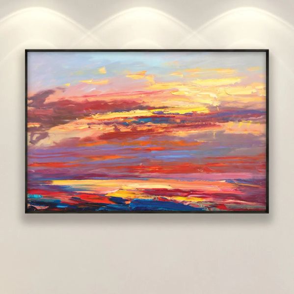 Sonnenuntergang-Gemälde auf Leinwand, handgemachtes abstraktes Öl-Kunst-Schlafzimmer-Dekor, Himmelsgemälde, Wolken moderne Kunst, Wohnzimmer-Wandbild