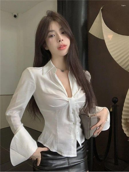 Damenblusen, sexy V-Ausschnitt, weiß, für Damen, süße Aufflackernärmel, koreanische Mode, schlanke Hemden, Crop, transparente Tops, schicke Ästhetik