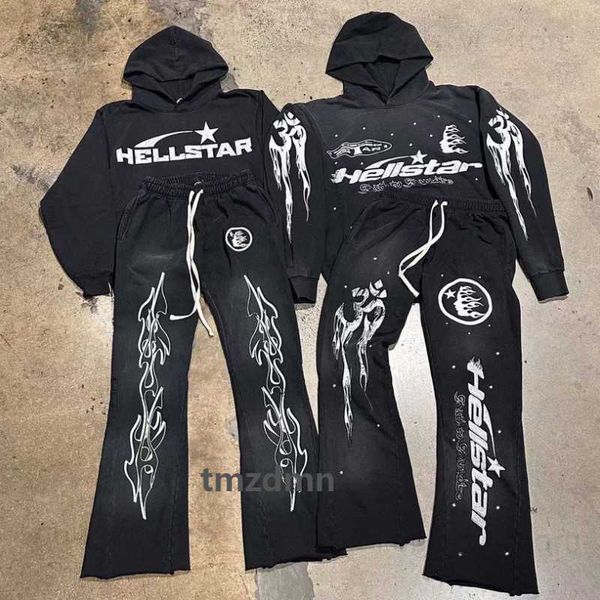 Rock hip hop rua hellstar hoodies conjunto lavado chama carta impressão com capuz pulôver masculino feminino oversized hell star sweatshirts tfghfd