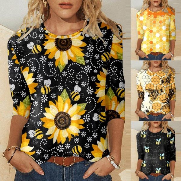 Mulheres Camisetas Planície Sólida Mulheres Casual Redondo Pescoço Três Quartos Manga Camisa Engraçado Treino Quente Tops Memória H