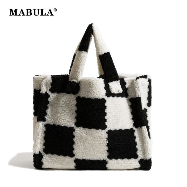 Borse da sera MABULA Pelliccia sintetica Borsa tote donna scozzese bianca nera Soffice tessuto simile all'agnello Borsa a spalla grande Lady Shopping Crossbody 231216