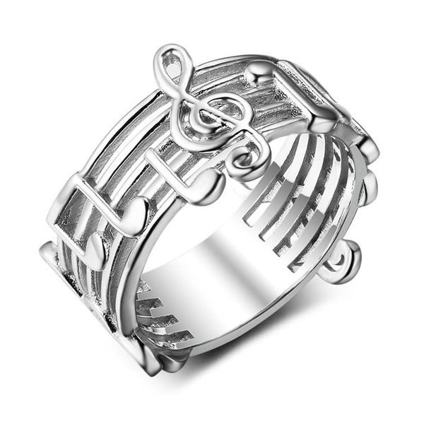 Anéis de padrão de nota musical de aço inoxidável para amantes de música presente feminino joias de banda de casamento tamanho americano 5-12300i