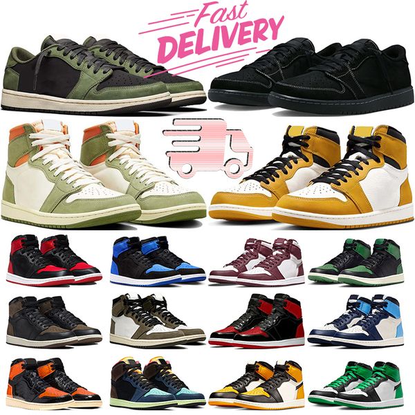 con scatola jumpman 1 scarpe da basket 1s basse scarpe da ginnastica da uomo scarpe da ginnastica da donna Nero Phantom Oliva Celadon Giallo Ocra Satin Bred Taxi Bred Patent sport all'aria aperta