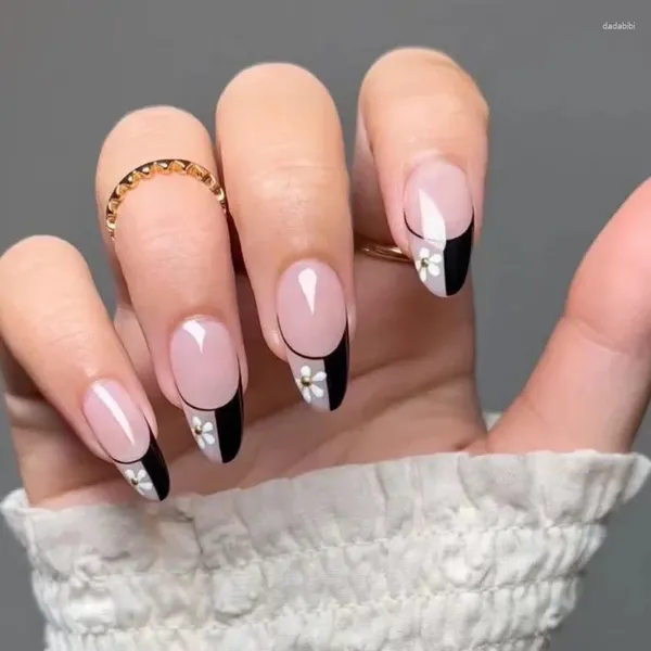 Falsche Nägel 24 stücke Mode Tragbare Nail Art Weiße Blumen Schwarz Französische Wassertropfenform Abnehmbare Fake Press On mit Kleber Set