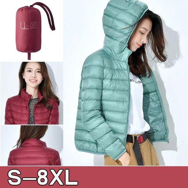 Parkas Ultra Licht Unten Jacke Frauen Winter Leichte Gepolsterte Weibliche Jacken Schlank Feder 6xl 7xl 8xl Qualität Mädchen Mantel Kapuze 2023