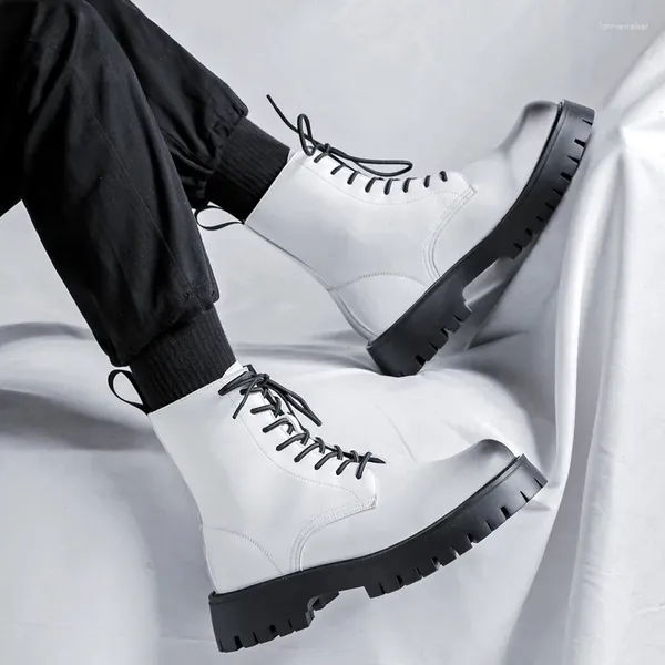 Stiefel Männer Luxus Mode Echtes Leder Lace-up Schwarz Weiß Schuhe Punk Nachtclub Kleid High Top Plattform Boot Cowboy lange Botas