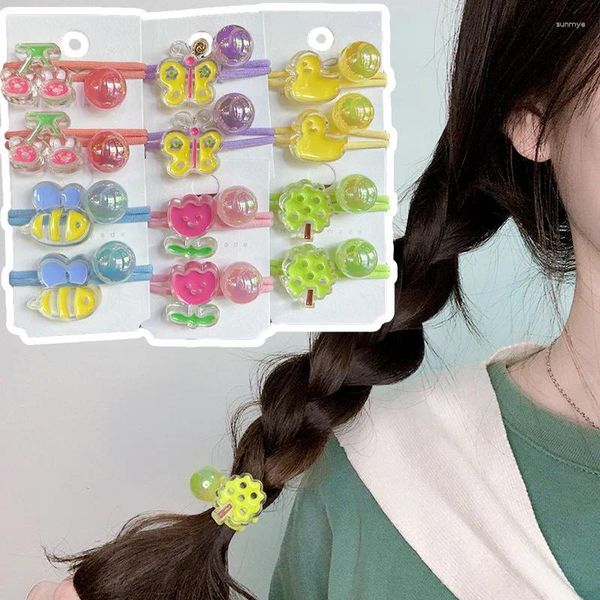 Haarschmuck 2PCS Set Farbe Cartoon Kirsche Biene Schmetterling Langes Gummiband für Mädchen Niedliche Fee Fancy Pferdeschwanz Gummibänder Mode Geschenk