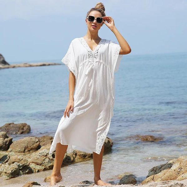 Roupas de banho happie queens mulheres brancas manga curta branca vneck praia renda com borla bohemian maxi vestido senhoras boho sundress copitups manto