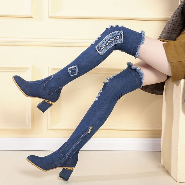 Femmes Denim bottes sur le genou bout pointu épais talons hauts chaussures femme décontracté gland découpé jean long Botas Mujer taille 35-40