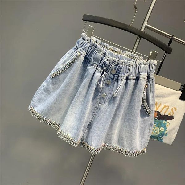 Jeans Shnsophi 2021 Sommer Frauen Weitbein Denim Shorts Ladies Mode Neue exquisite Strassstein Lose eine Linie Koreanische Jeans heiße Hosen