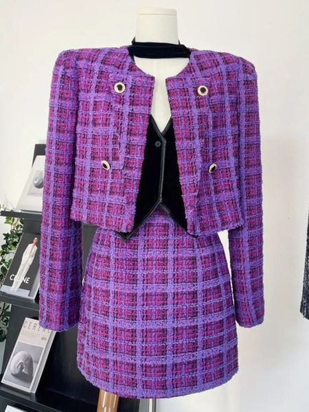 Duas peças vestido retro tweed coreano saia define senhoras outono inverno xadrez jaqueta casaco curto mini terno femle outfit 231216