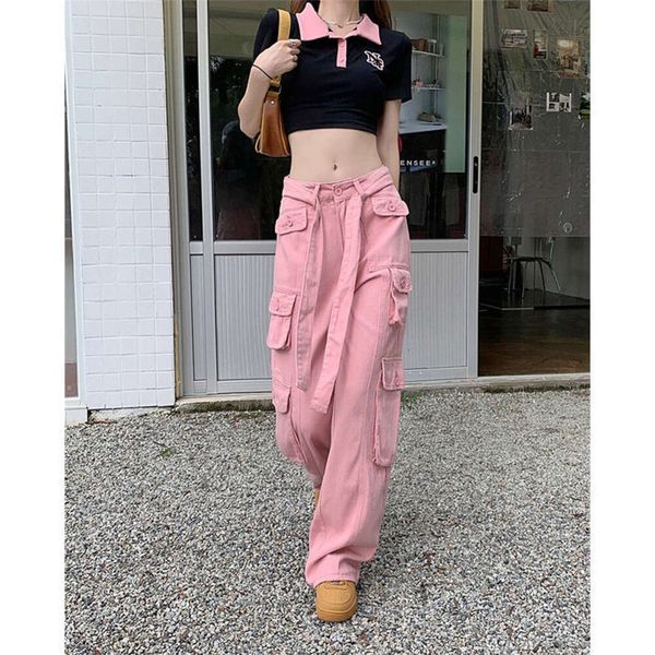 Розовый женский комбинезон Spice Girl в стиле ретро, новинка 2023 года, свободные джинсы High Street Joker, брюки в стиле хип-хоп с несколькими карманами