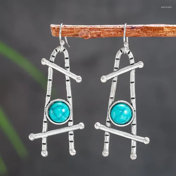 Brincos pendurados boho tribal verde azul pedra redonda para mulheres cor prata hollw brinco de metal declaração festa joias presentes