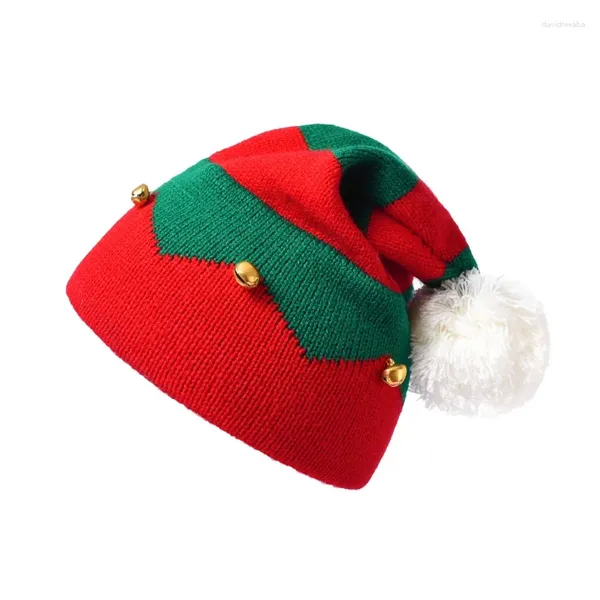 Berets Criança Crianças Natal Chapéu de Elfo de Malha com Pequenos Sinos Contraste Cor Ondulada Listras Crochet Pompom Quente