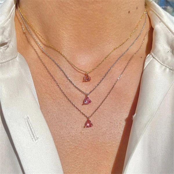 Colares Pingente Simples Tendência Design Único Elegante Rosa Amor Coração Zircon Clavícula Colar Ouro Prata Cor Corrente Para Mulheres Menina Jóias