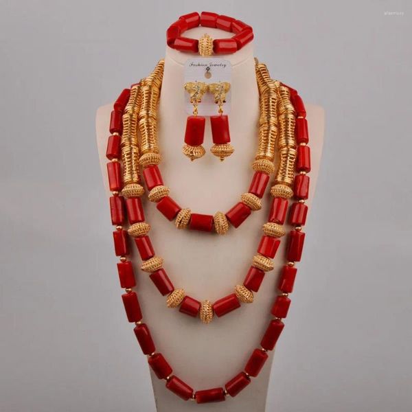 Collana orecchini set perline di corallo naturale rosso accessori per abiti da sposa sposa africana gioielli da donna nigeriani AU-675