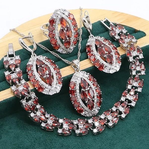 Подвески красный гранат Sier комплект ювелирных изделий для женщин свадебный браслет серьги ожерелье кулон кольцо подарок на день рождения