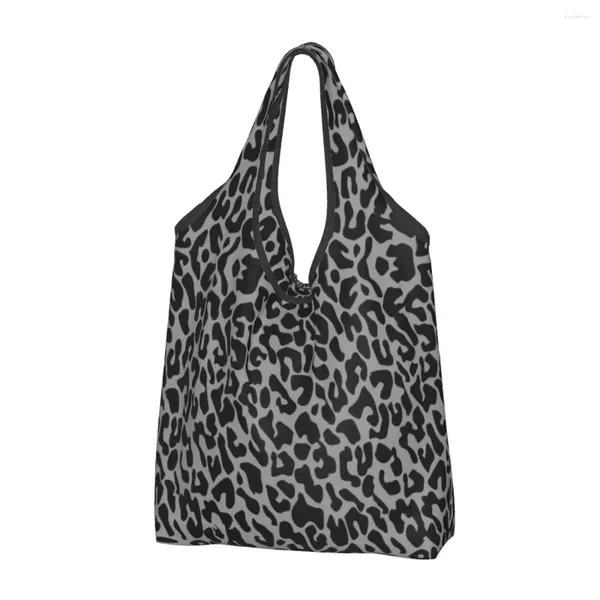 Sacos de compras Grande reutilizável preto leopardo mercearia reciclar dobrável chita animal sacola lavável com bolsa