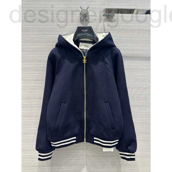 Giacche da donna firmate CE nuova giacca blu navy con cappuccio con cerniera, stampa di lettere a costine stile college americano J8G4