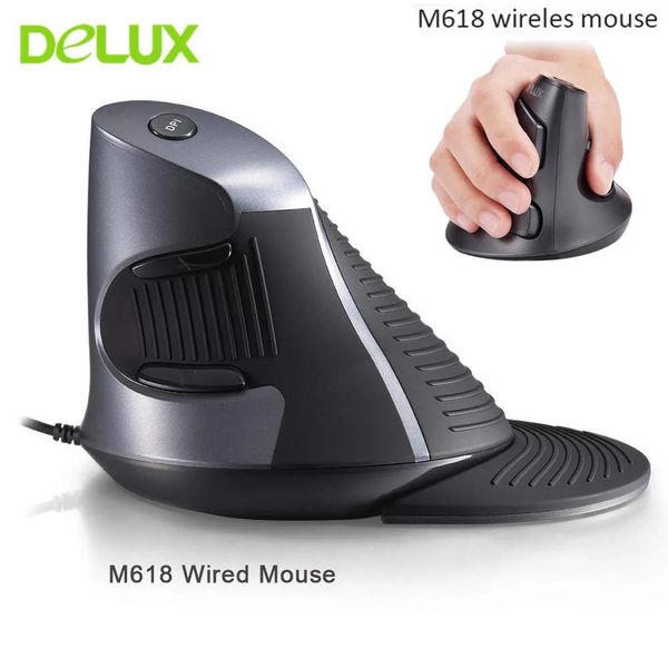 Componenti Delux M618 Mouse wireless verticale ergonomico 6 pulsanti Mouse ottico USB da 600/1000/1600 Dpi Mouse da ufficio Gamer per PC portatile