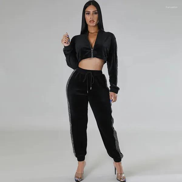 Damen Zweiteilige Hosen Herbst Winter Samt Trainingsanzug Frauen Sets Jacke Crop Top und Kordelzug Casual Side Pearl Diamond Jogginganzüge