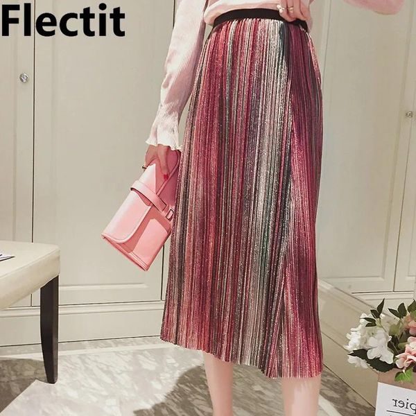 Vestidos flectit metálico glitter lurex listra plissado midi saia vintage lantejoulas cintura alta acordeão plissado saias roupas femininas