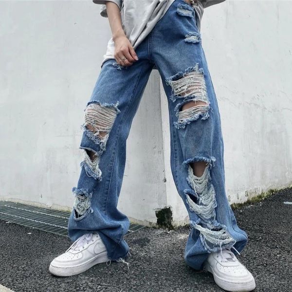 Джинсы Новые женщины -нищие рваные джинсы INS Street Fashion Masdy Drag Bants Высокое похудение плюс размер Свободные брюки