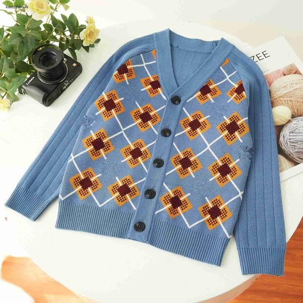 New Baby Sweater Diamond Flower Jacquard Kids Cardigan Tamanho 110-140 Designer V-deco