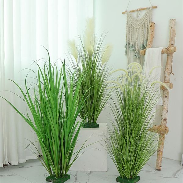 Decorações de Natal Grande Bonsai Artificial Bulrush Flor Verde Grama Nordic Rush Ins Silk Reeds Floor Pot Plantas com Base Home Wedding Garden Decor y231215