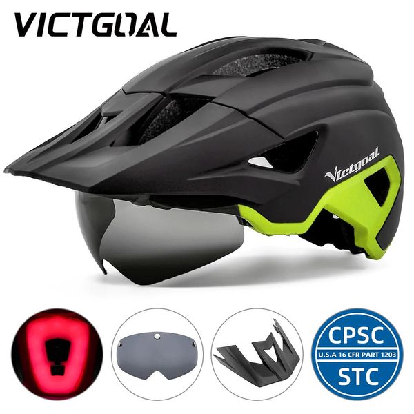 Fahrradhelme VICTGOAL LED-Fahrradhelm mit Sonnenbrille, Visier, wiederaufladbar, LED-Männer-Fahrradhelm, Sonnenbrille, Schild, Straße, MTB, Fahrradhelme 231215