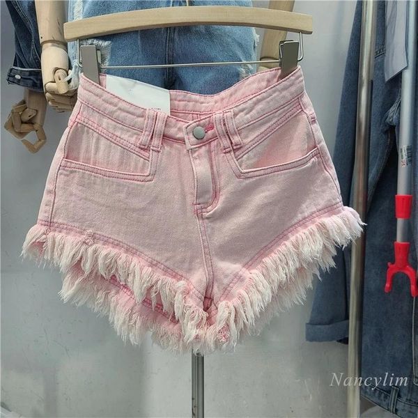 Jeans Ripped Quaste Rosa Denim Shorts Frau 2021 Sommer Neue Hohe Taille Breite Bein Shorts Mode Allmatch Jeans Shorts