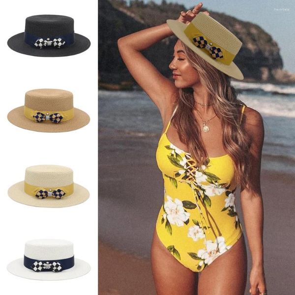 Boinas Mulheres Palha Macia Flat Top Boater Chapéus Marinheiro Caps Verão Sombrero Beach Sunhat Outdoor Sunbonnet Tamanho US 7 1/8-7 1/4 Reino Unido M-L