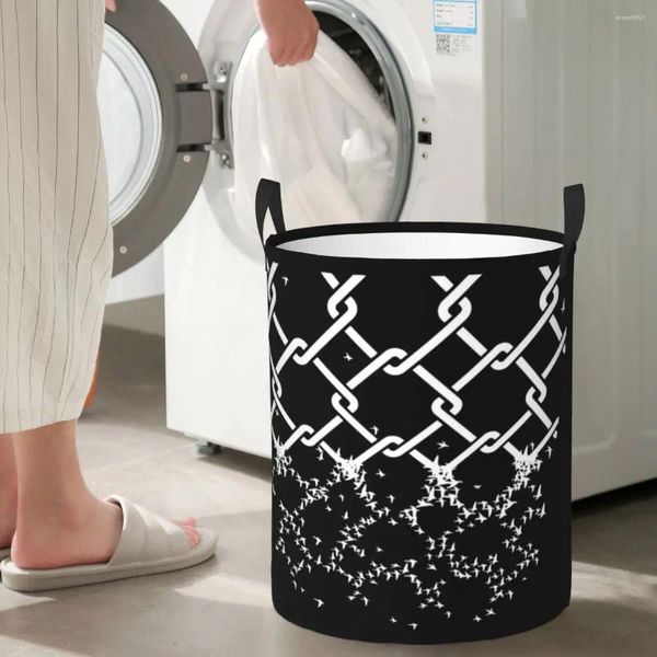 Sacos de lavanderia Cerca de pássaros Cesta de armazenamento circular minimalista com duas alças Banheiros de roupas