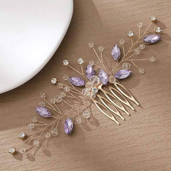 Fermagli per capelli Pettine da sposa in cristallo viola Copricapo da sposa fatto a mano da donna Accessori per la testa della sposa con strass Copricapo di gioielli