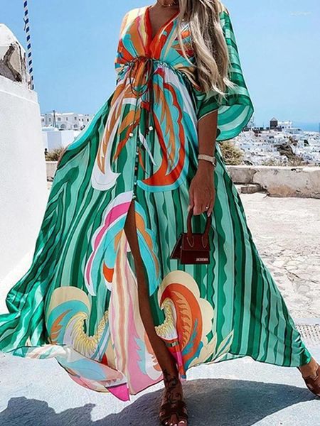 Roupa de banho feminina impressão com decote em v praia cover-up solto frente aberta cinto quimono cintura alta colorido kaftan robe beachwear pareos vestido de banho