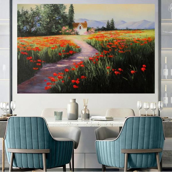 Dipinto a olio moderno su tela per parete, paesaggio impressionista, opera d'arte con fiori di papaveri, immagine artistica per l'arredamento dell'hotel