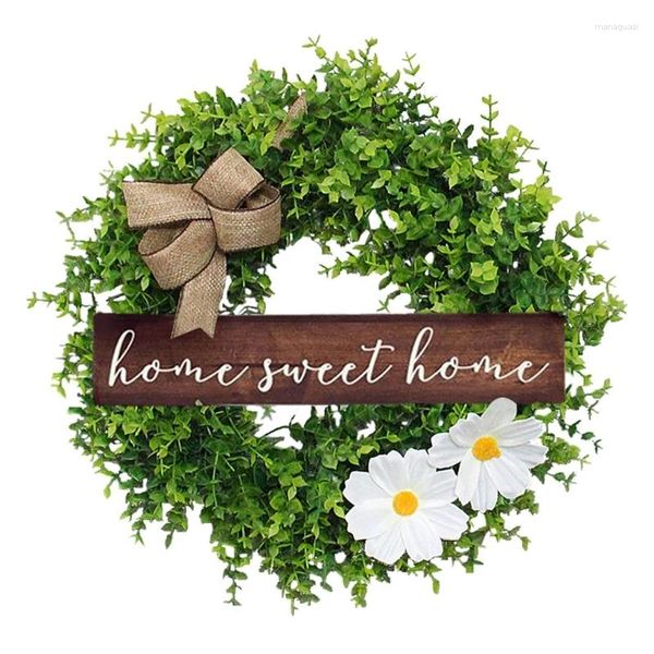 Flores decorativas artificiais folhas de eucalipto grinalda com sinal de madeira letras para casa placa laço decoração de porta frontal de natal