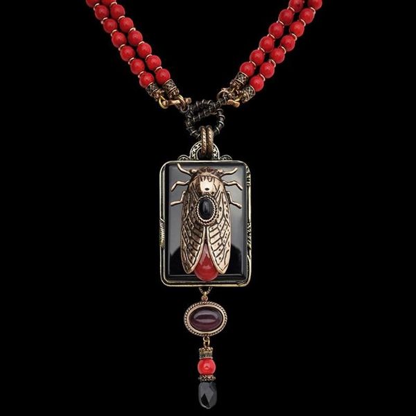 Anhänger Halsketten Amorita Boutique Vintage Design Cicada Keratoisis Natürliche Rote Meer Bambusperlen Achat Halskette261n