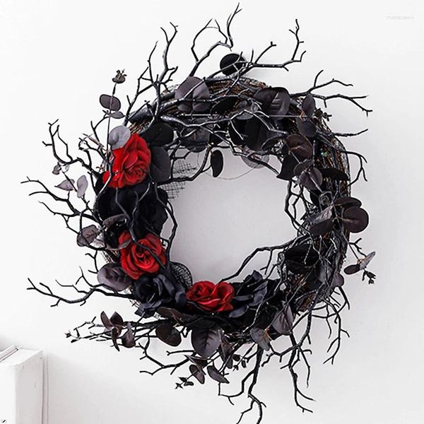 Dekorative Blumen, schwarzer Halloween-Türkranz mit rotem Rosenkranz für Haustür, Gothic-Heimdekoration, langlebig