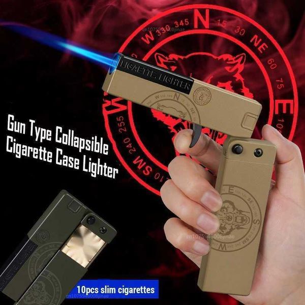 Creativo multifunzionale pieghevole portatile a forma di pistola portasigarette accendino antivento butano fucile ad aria compressa gadget cool