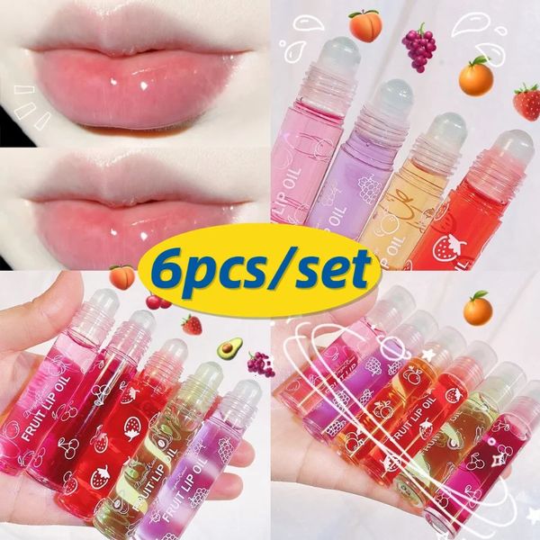 Lip Gloss 6pcs / set Transparente Hidratante Lip Gloss Fruit Roll-on Balm Lip Maquiagem Primer Hidratante Clear Lip Oil Cosméticos de Longa Duração 231216