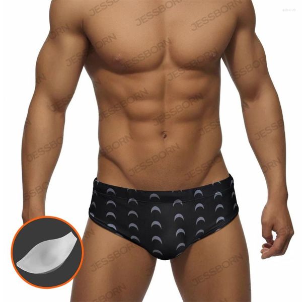 Herren-Bademode, schwarz bedruckt, dreieckige Badehose, europäisch-amerikanische Mode, niedrige Taille, Bikinis mit Push-Pad, Sommer, Strand, Surfen, schnell trocknend