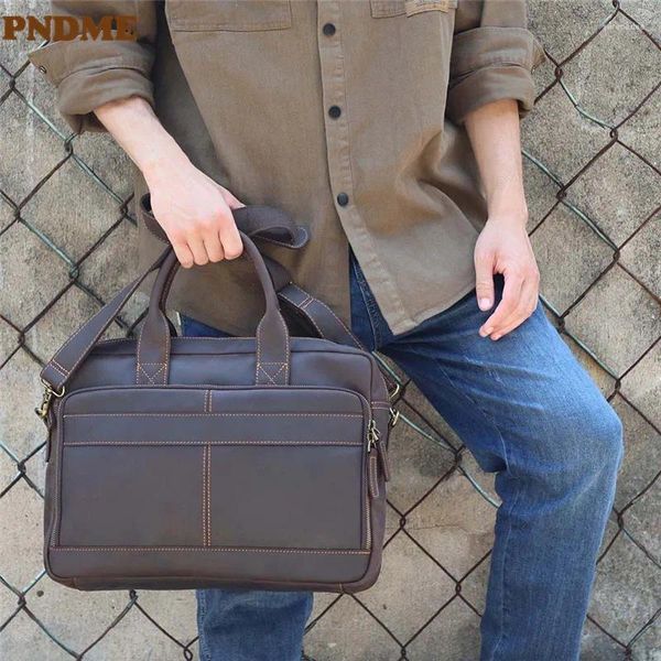 Портфели PNDME, винтажный мужской портфель, рабочая сумка из натуральной кожи для деловых поездок, 14-дюймовая сумка-мессенджер для ноутбука